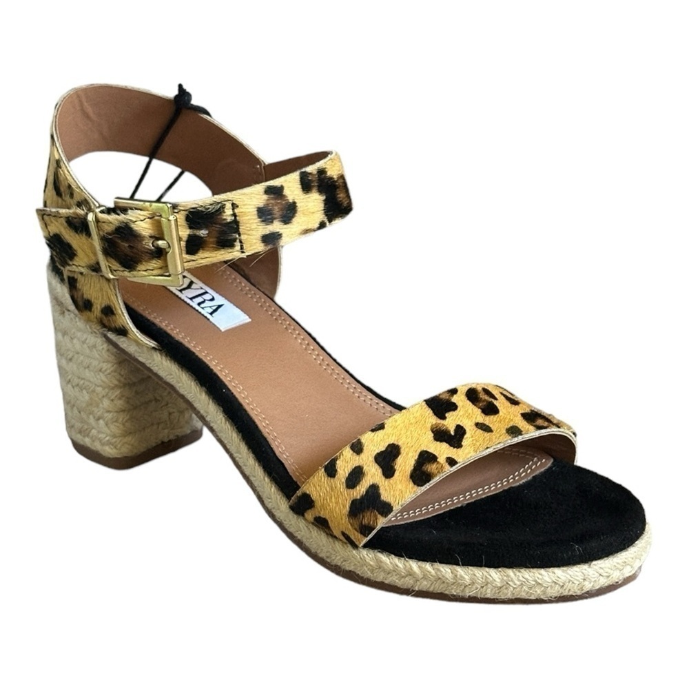 MYRA Leopard Calf Hair Leather Espadrille Block Heel Sandals NWT Size 7